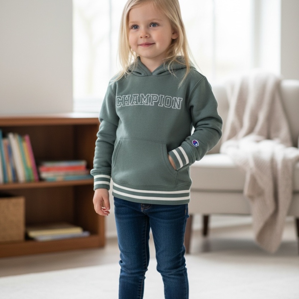 Champion Kids' Olive Green Hooded Sweatshirt with Striped Trim
